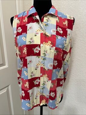 Vintage Liz Claiborne Sleeveless Floral Patchwork Button-Up Top